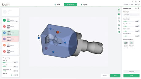 L-CAM interface automatic positioning of prosthetics for 3D dental crown block adjustment.